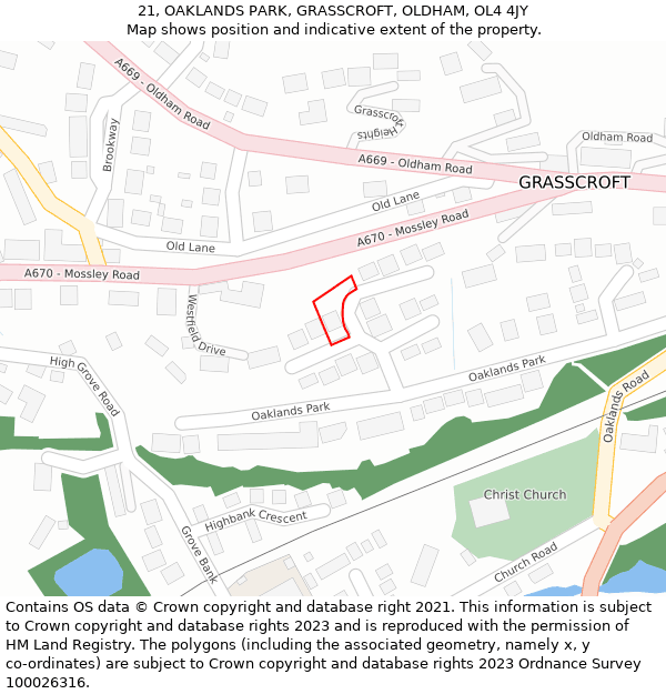 21, OAKLANDS PARK, GRASSCROFT, OLDHAM, OL4 4JY: Location map and indicative extent of plot