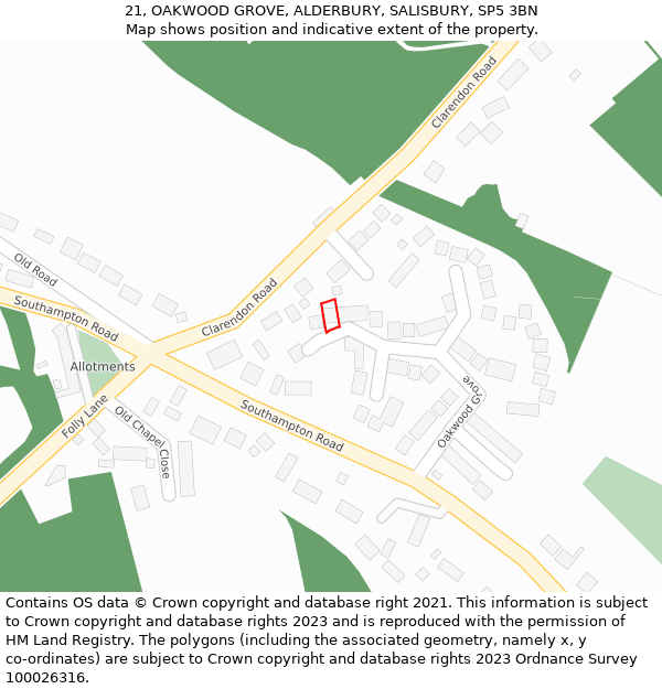 21, OAKWOOD GROVE, ALDERBURY, SALISBURY, SP5 3BN: Location map and indicative extent of plot