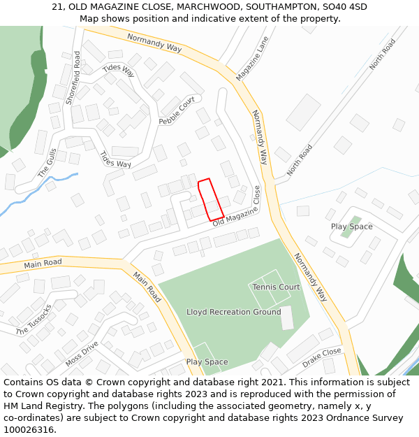 21, OLD MAGAZINE CLOSE, MARCHWOOD, SOUTHAMPTON, SO40 4SD: Location map and indicative extent of plot