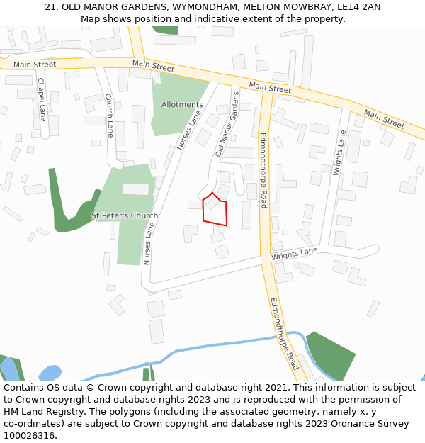 21, OLD MANOR GARDENS, WYMONDHAM, MELTON MOWBRAY, LE14 2AN: Location map and indicative extent of plot