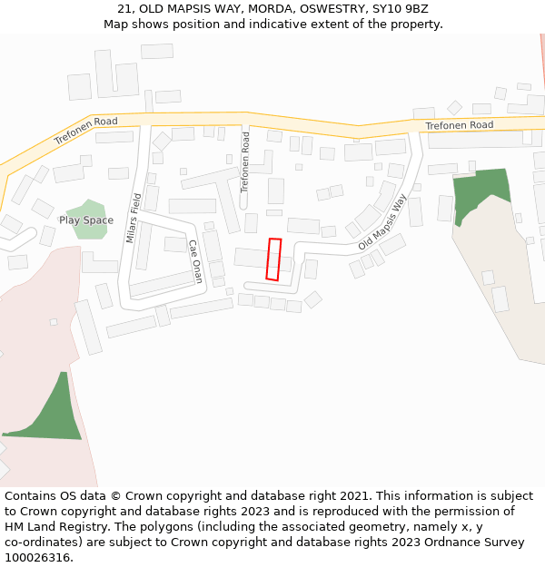 21, OLD MAPSIS WAY, MORDA, OSWESTRY, SY10 9BZ: Location map and indicative extent of plot