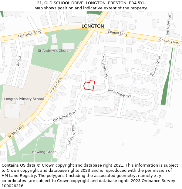 21, OLD SCHOOL DRIVE, LONGTON, PRESTON, PR4 5YU: Location map and indicative extent of plot