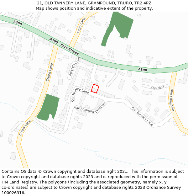 21, OLD TANNERY LANE, GRAMPOUND, TRURO, TR2 4PZ: Location map and indicative extent of plot