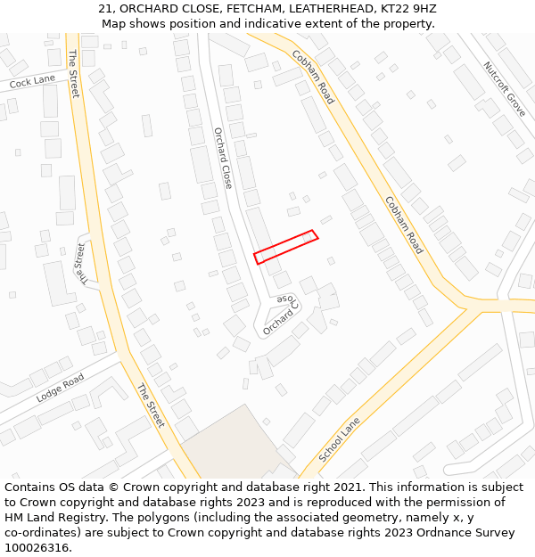 21, ORCHARD CLOSE, FETCHAM, LEATHERHEAD, KT22 9HZ: Location map and indicative extent of plot