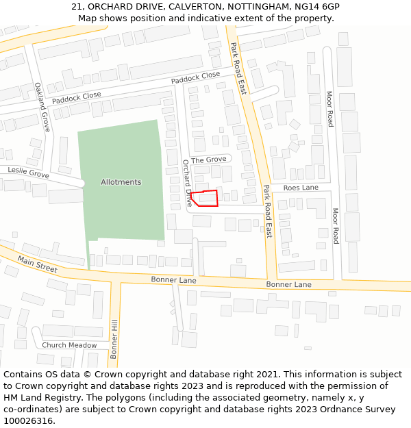 21, ORCHARD DRIVE, CALVERTON, NOTTINGHAM, NG14 6GP: Location map and indicative extent of plot
