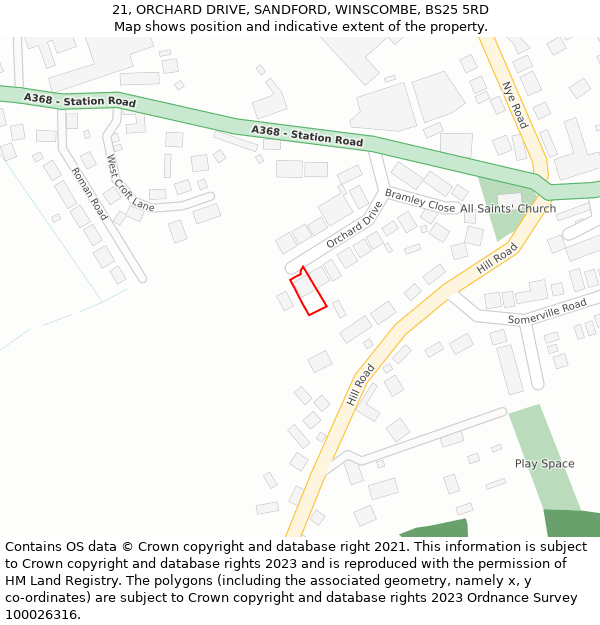 21, ORCHARD DRIVE, SANDFORD, WINSCOMBE, BS25 5RD: Location map and indicative extent of plot