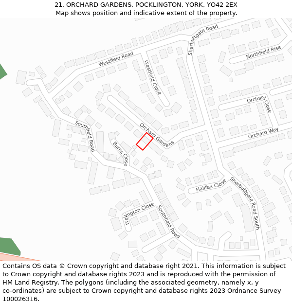 21, ORCHARD GARDENS, POCKLINGTON, YORK, YO42 2EX: Location map and indicative extent of plot