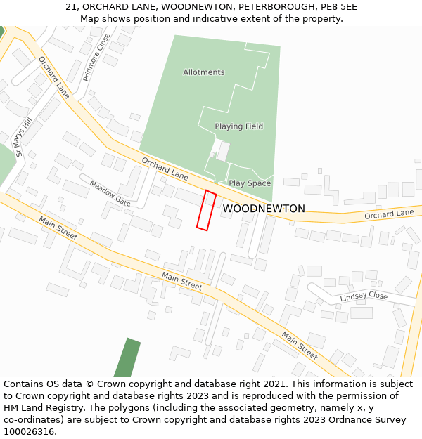 21, ORCHARD LANE, WOODNEWTON, PETERBOROUGH, PE8 5EE: Location map and indicative extent of plot