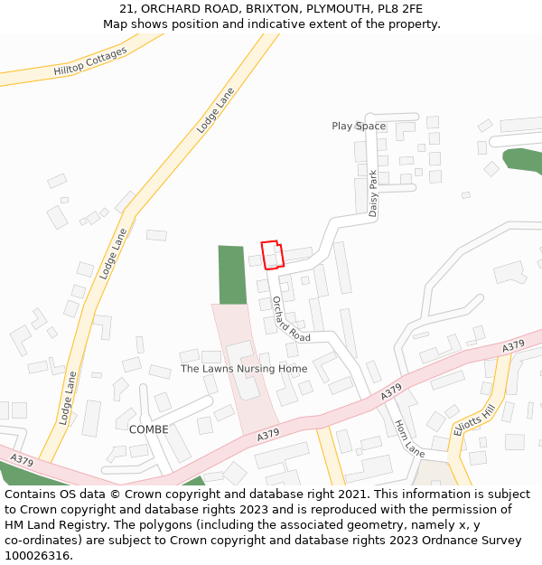 21, ORCHARD ROAD, BRIXTON, PLYMOUTH, PL8 2FE: Location map and indicative extent of plot