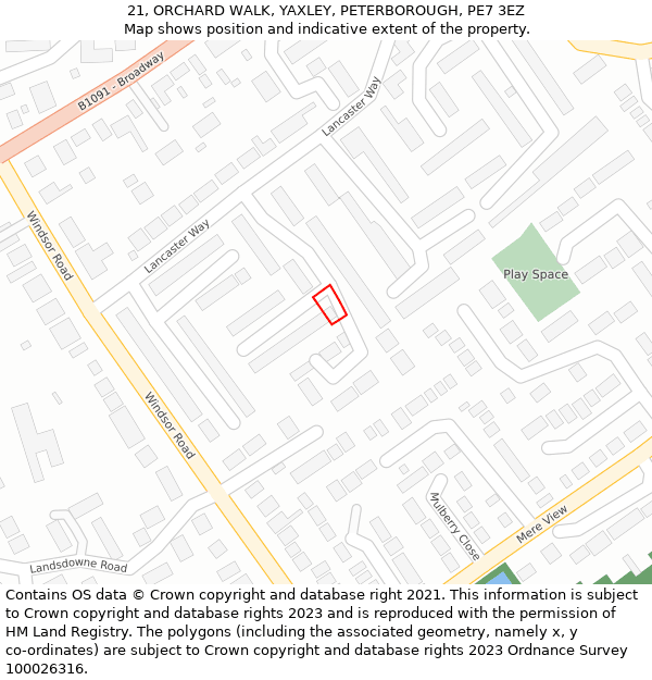 21, ORCHARD WALK, YAXLEY, PETERBOROUGH, PE7 3EZ: Location map and indicative extent of plot