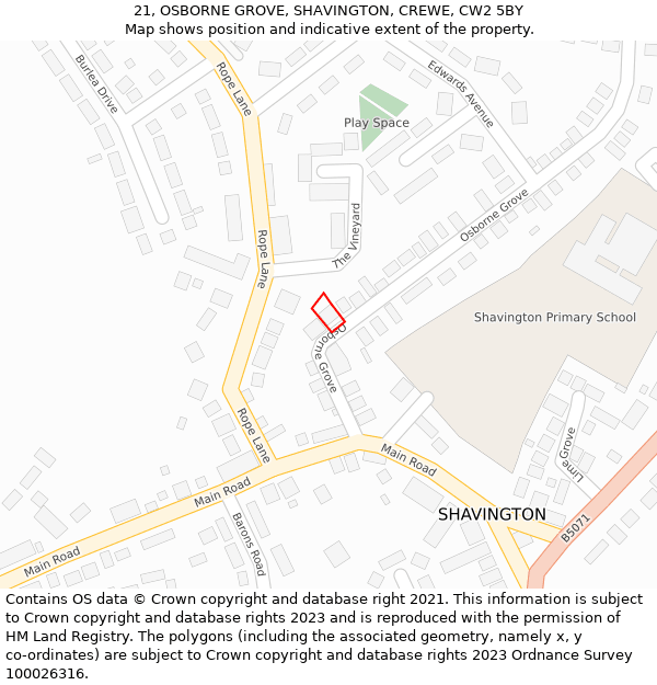 21, OSBORNE GROVE, SHAVINGTON, CREWE, CW2 5BY: Location map and indicative extent of plot