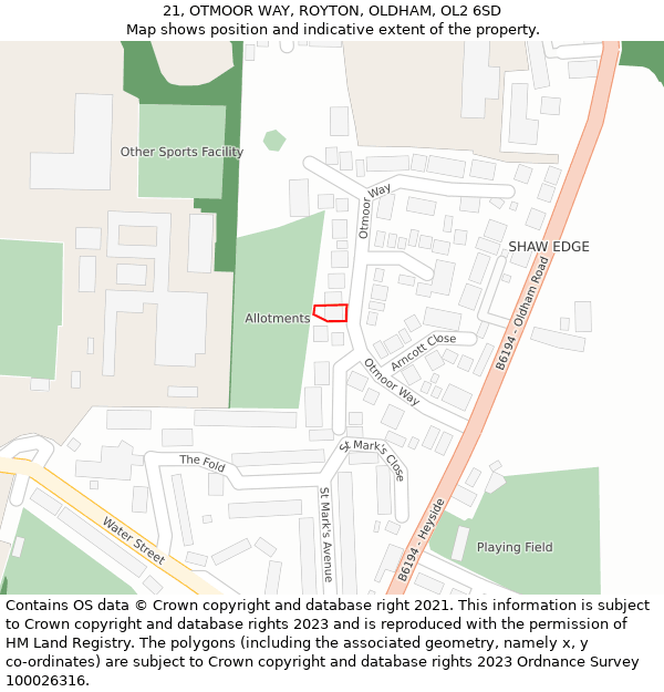 21, OTMOOR WAY, ROYTON, OLDHAM, OL2 6SD: Location map and indicative extent of plot