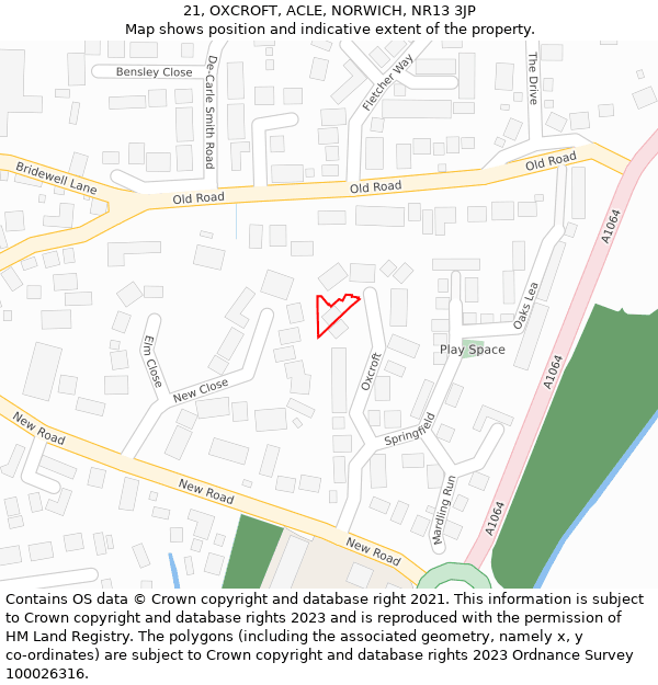 21, OXCROFT, ACLE, NORWICH, NR13 3JP: Location map and indicative extent of plot