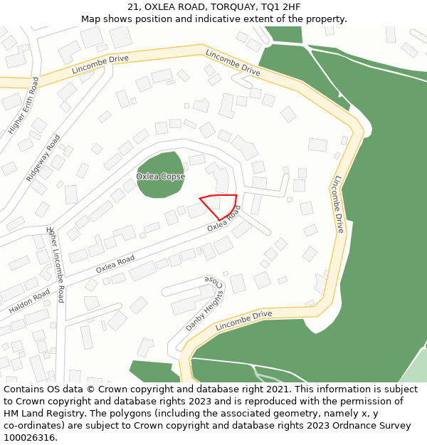 21, OXLEA ROAD, TORQUAY, TQ1 2HF: Location map and indicative extent of plot