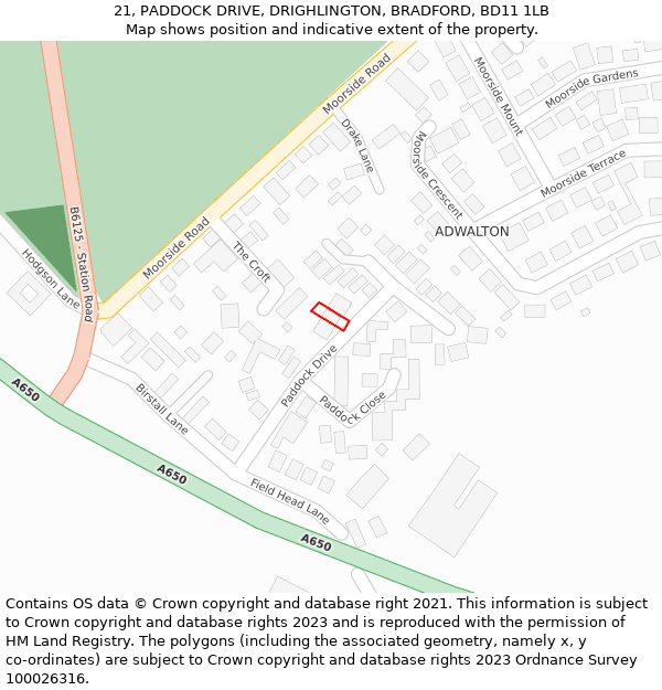 21, PADDOCK DRIVE, DRIGHLINGTON, BRADFORD, BD11 1LB: Location map and indicative extent of plot