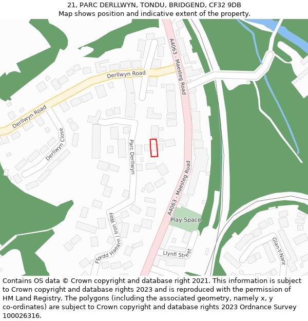 21, PARC DERLLWYN, TONDU, BRIDGEND, CF32 9DB: Location map and indicative extent of plot