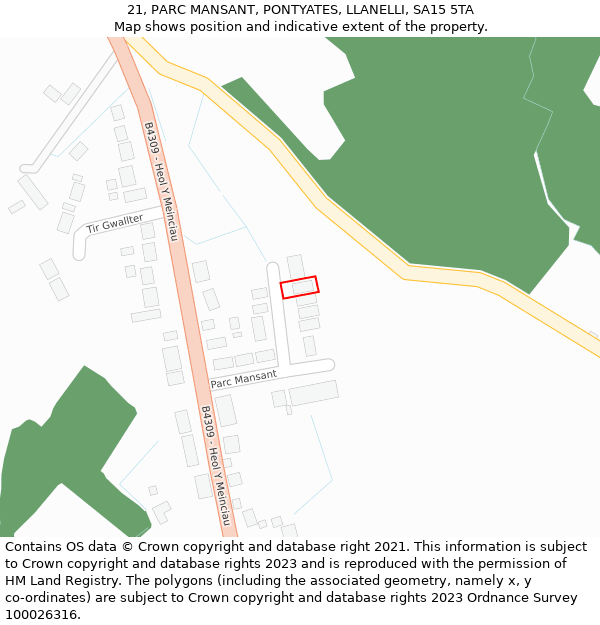 21, PARC MANSANT, PONTYATES, LLANELLI, SA15 5TA: Location map and indicative extent of plot