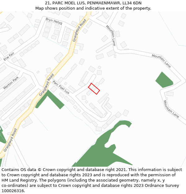 21, PARC MOEL LUS, PENMAENMAWR, LL34 6DN: Location map and indicative extent of plot