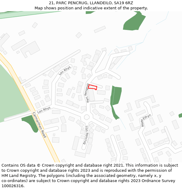 21, PARC PENCRUG, LLANDEILO, SA19 6RZ: Location map and indicative extent of plot