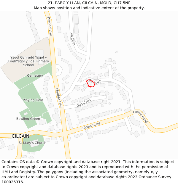 21, PARC Y LLAN, CILCAIN, MOLD, CH7 5NF: Location map and indicative extent of plot