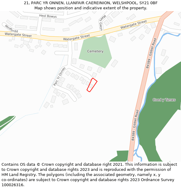 21, PARC YR ONNEN, LLANFAIR CAEREINION, WELSHPOOL, SY21 0BF: Location map and indicative extent of plot