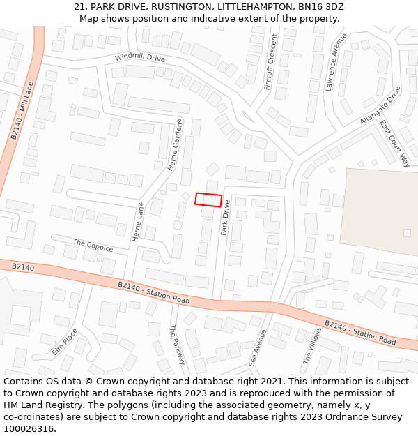 21, PARK DRIVE, RUSTINGTON, LITTLEHAMPTON, BN16 3DZ: Location map and indicative extent of plot