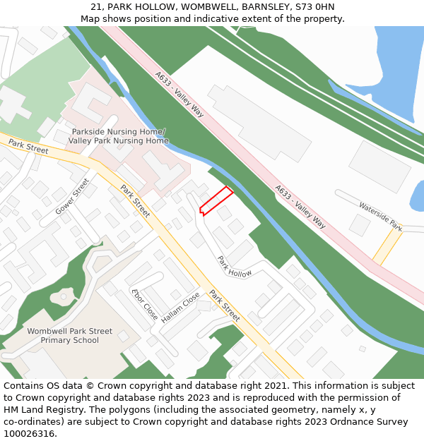 21, PARK HOLLOW, WOMBWELL, BARNSLEY, S73 0HN: Location map and indicative extent of plot