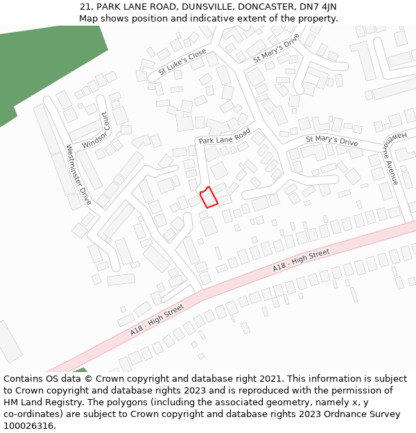 21, PARK LANE ROAD, DUNSVILLE, DONCASTER, DN7 4JN: Location map and indicative extent of plot