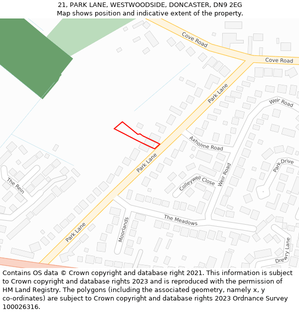 21, PARK LANE, WESTWOODSIDE, DONCASTER, DN9 2EG: Location map and indicative extent of plot