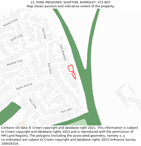 21, PARK MEADOWS, SHAFTON, BARNSLEY, S72 8GY: Location map and indicative extent of plot
