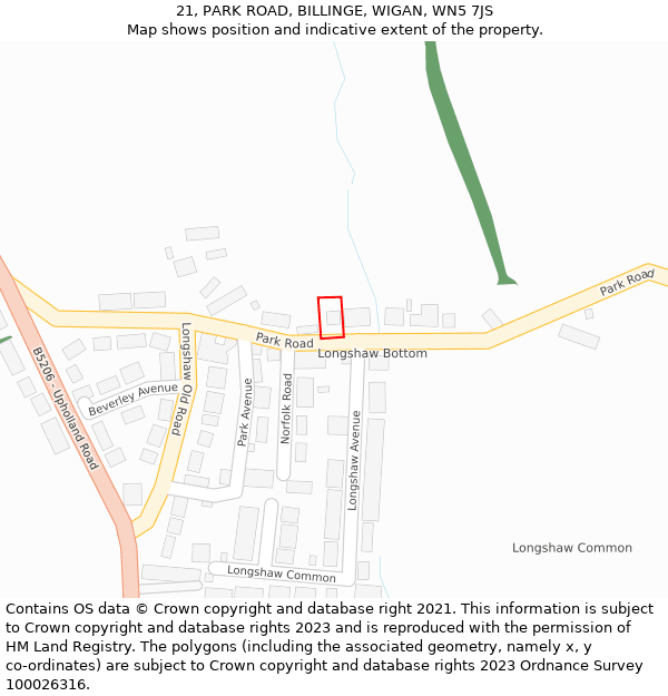 21, PARK ROAD, BILLINGE, WIGAN, WN5 7JS: Location map and indicative extent of plot