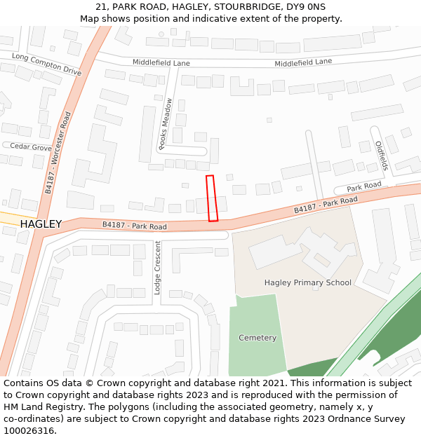 21, PARK ROAD, HAGLEY, STOURBRIDGE, DY9 0NS: Location map and indicative extent of plot