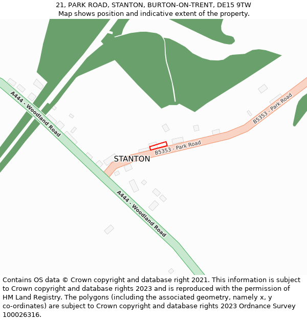 21, PARK ROAD, STANTON, BURTON-ON-TRENT, DE15 9TW: Location map and indicative extent of plot