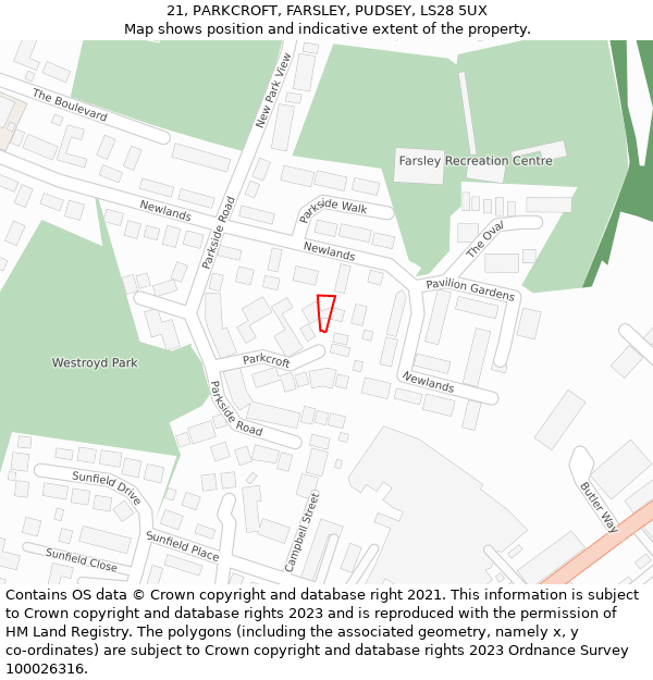 21, PARKCROFT, FARSLEY, PUDSEY, LS28 5UX: Location map and indicative extent of plot