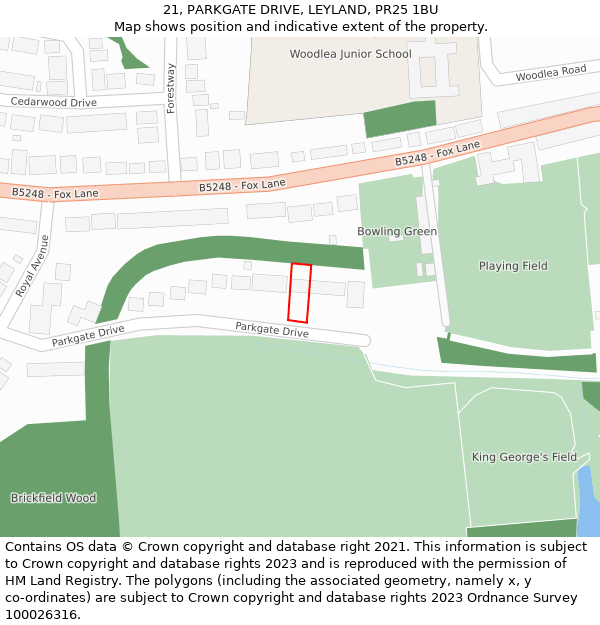 21, PARKGATE DRIVE, LEYLAND, PR25 1BU: Location map and indicative extent of plot