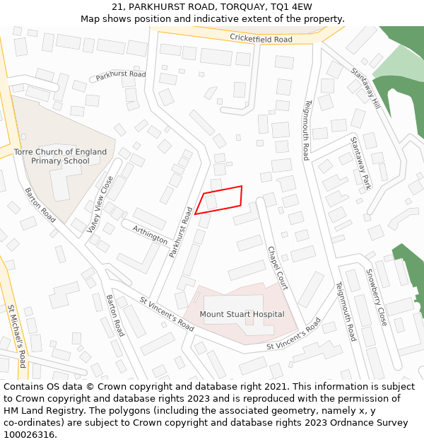 21, PARKHURST ROAD, TORQUAY, TQ1 4EW: Location map and indicative extent of plot