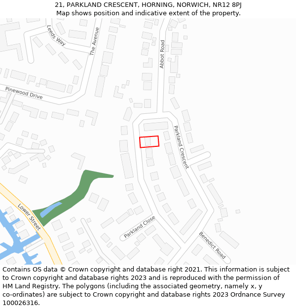 21, PARKLAND CRESCENT, HORNING, NORWICH, NR12 8PJ: Location map and indicative extent of plot