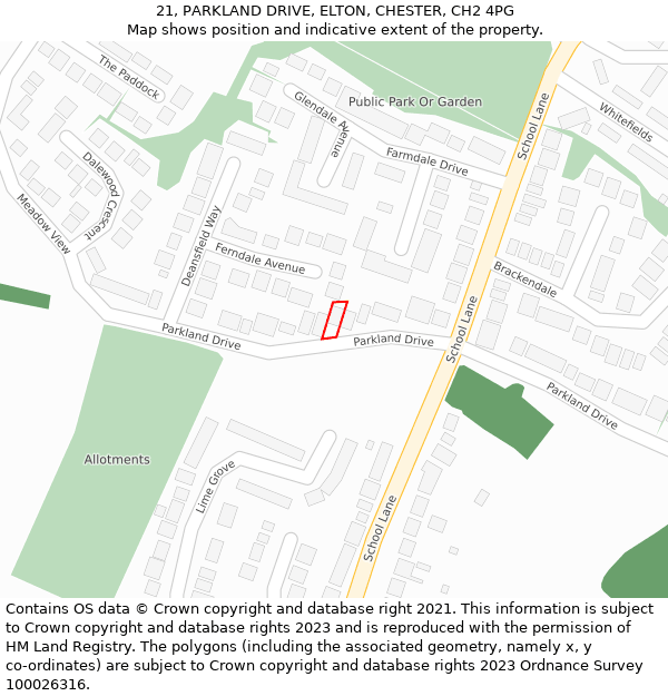 21, PARKLAND DRIVE, ELTON, CHESTER, CH2 4PG: Location map and indicative extent of plot