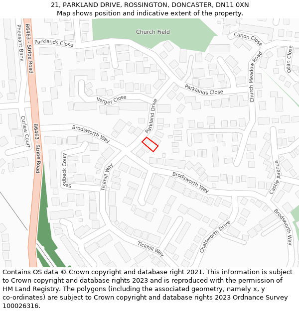 21, PARKLAND DRIVE, ROSSINGTON, DONCASTER, DN11 0XN: Location map and indicative extent of plot