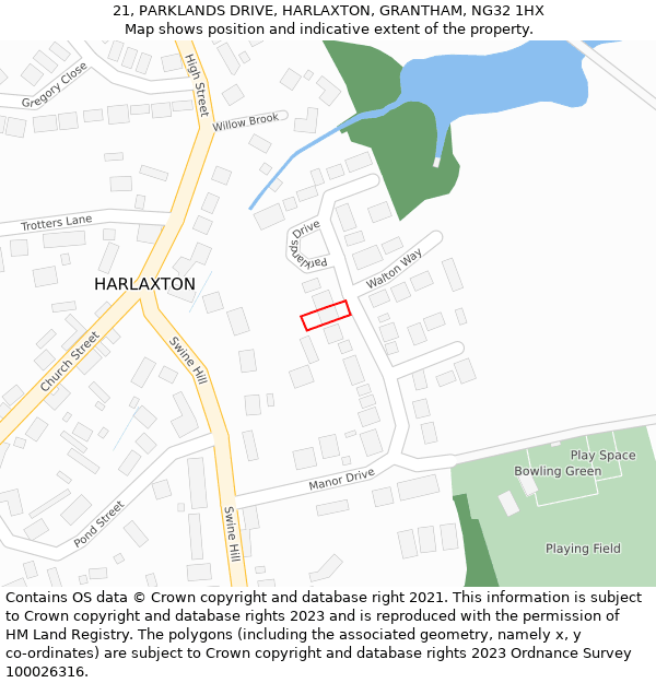 21, PARKLANDS DRIVE, HARLAXTON, GRANTHAM, NG32 1HX: Location map and indicative extent of plot