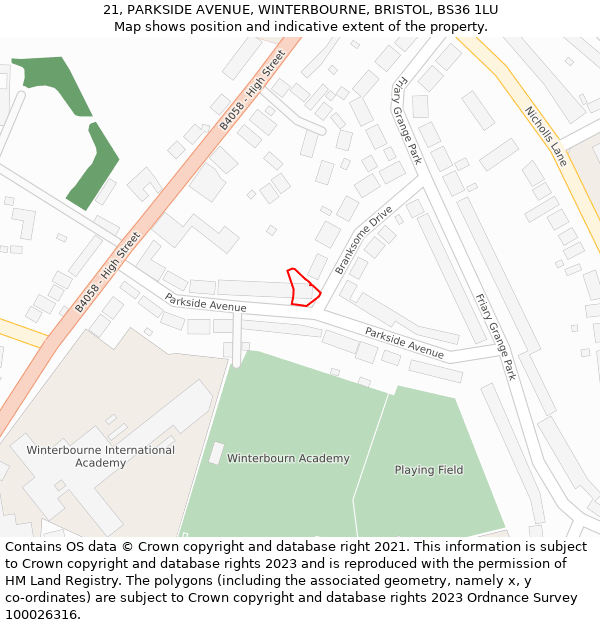 21, PARKSIDE AVENUE, WINTERBOURNE, BRISTOL, BS36 1LU: Location map and indicative extent of plot