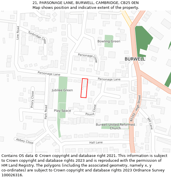 21, PARSONAGE LANE, BURWELL, CAMBRIDGE, CB25 0EN: Location map and indicative extent of plot