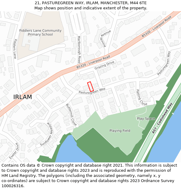 21, PASTUREGREEN WAY, IRLAM, MANCHESTER, M44 6TE: Location map and indicative extent of plot