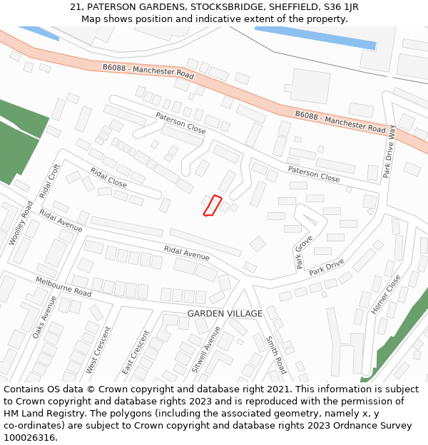 21, PATERSON GARDENS, STOCKSBRIDGE, SHEFFIELD, S36 1JR: Location map and indicative extent of plot