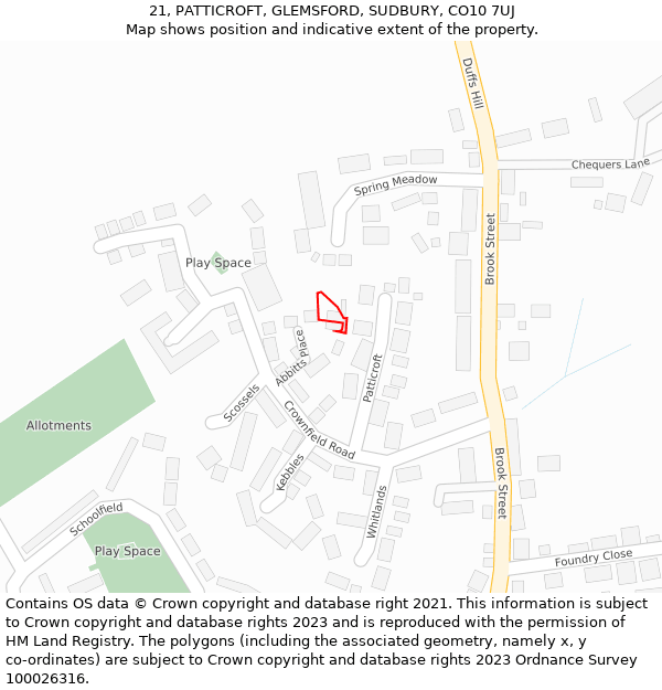 21, PATTICROFT, GLEMSFORD, SUDBURY, CO10 7UJ: Location map and indicative extent of plot