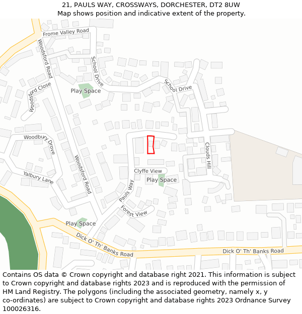 21, PAULS WAY, CROSSWAYS, DORCHESTER, DT2 8UW: Location map and indicative extent of plot