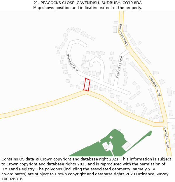 21, PEACOCKS CLOSE, CAVENDISH, SUDBURY, CO10 8DA: Location map and indicative extent of plot