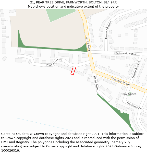 21, PEAR TREE DRIVE, FARNWORTH, BOLTON, BL4 9RR: Location map and indicative extent of plot