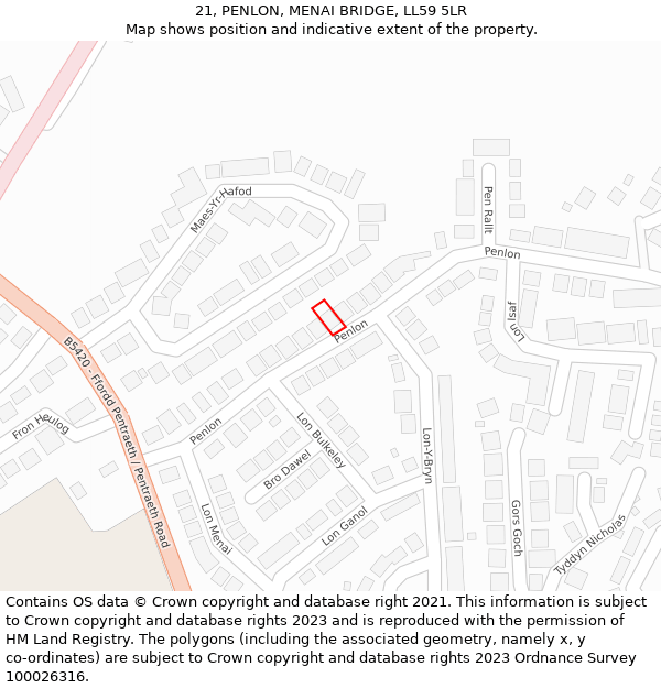 21, PENLON, MENAI BRIDGE, LL59 5LR: Location map and indicative extent of plot