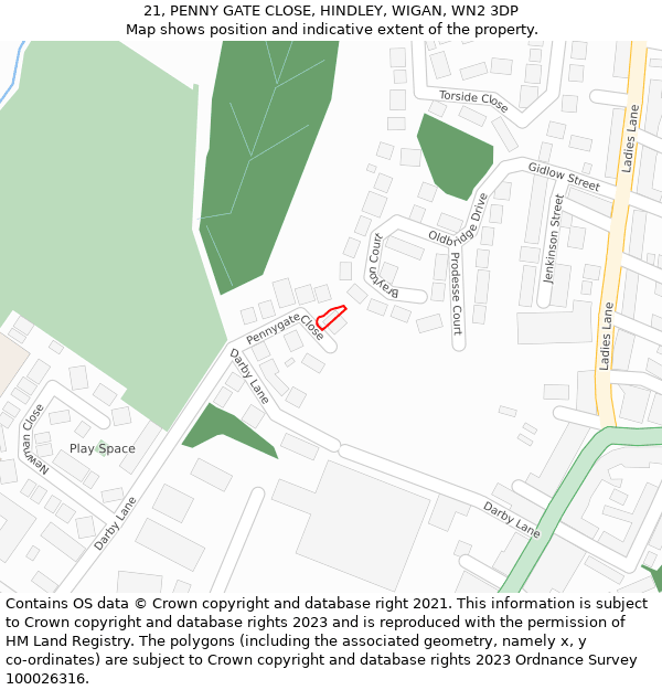 21, PENNY GATE CLOSE, HINDLEY, WIGAN, WN2 3DP: Location map and indicative extent of plot